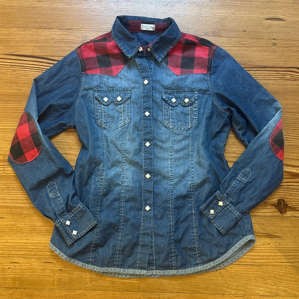 Laska Palazzis vintage western rustic buffalo plaid studded denim shirt SIZE M