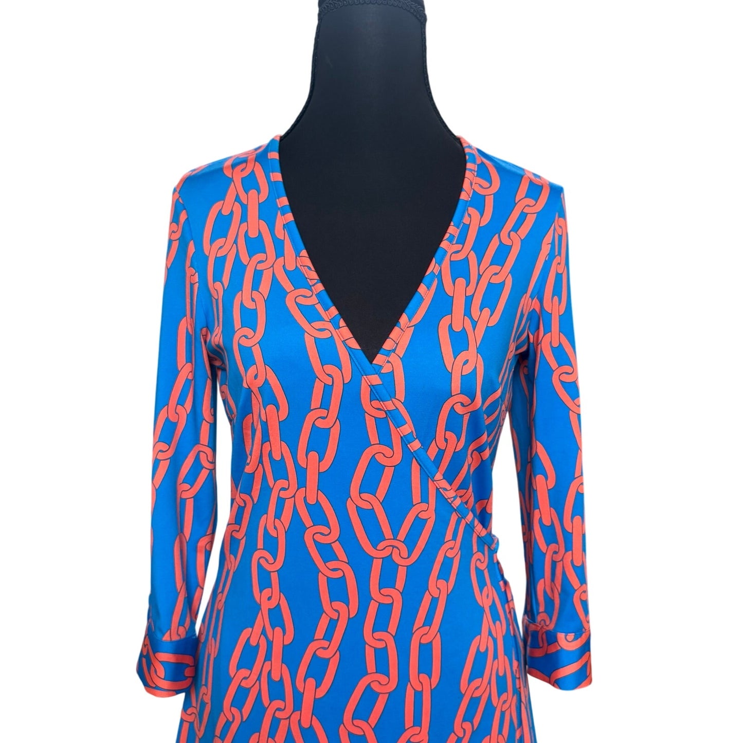JB by Julie Brown blue orange chain link long sleeve midi wrap dress SIZE S