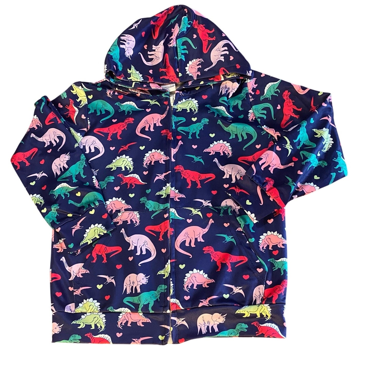 Funnycokid blue colorful dinosaurs full zip hooded sweater jacket SIZE S