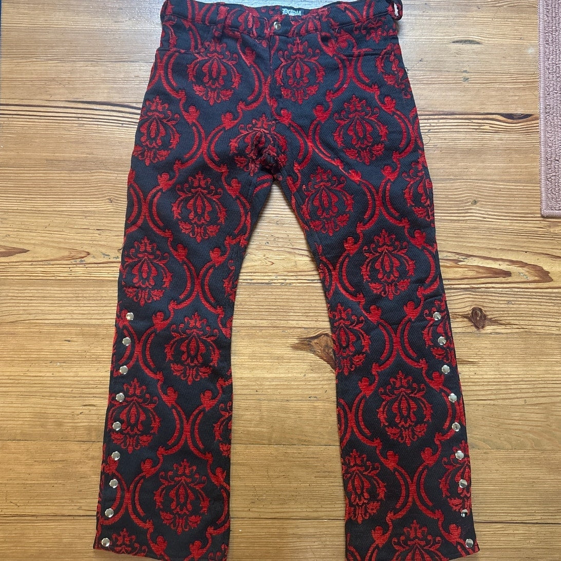 Dracula Clothing red brocade office snap bottom boot cut pants SIZE 38