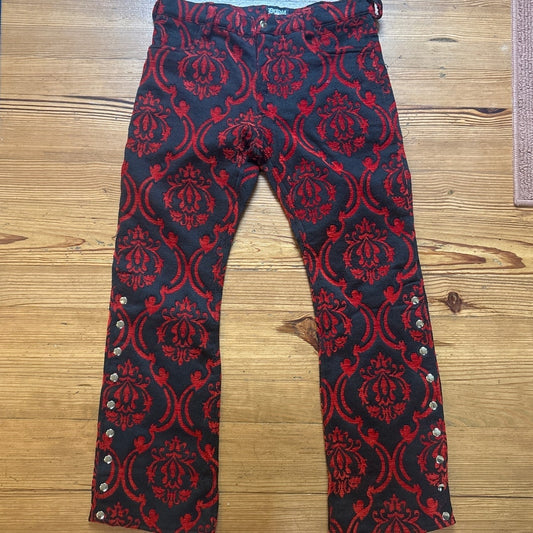 Dracula Clothing red brocade office snap bottom boot cut pants SIZE 38