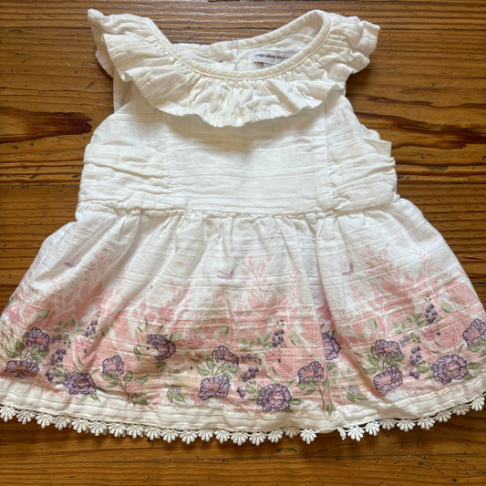 Cupcakes and Cashmere white floral rabbit ruffle neckline top SIZE 6-9M