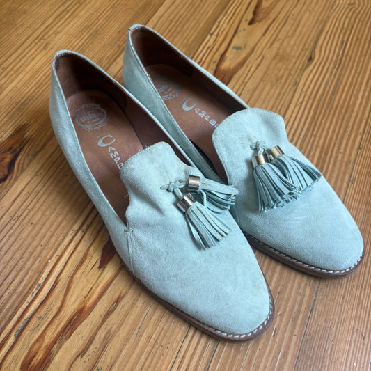 Jeffrey Campbell mint green suede tassel heeled loafers SIZE 9