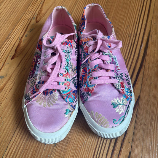 Superga pink floral colorful satin low top lace sneakers SIZE 10