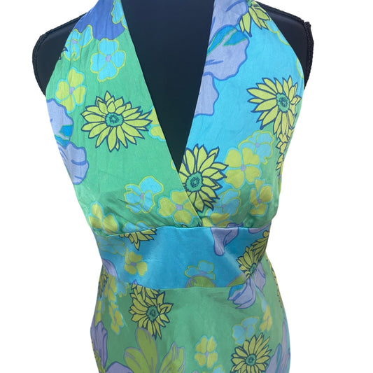 Jones New York y2k green blue floral halter silk midi dress SIZE 14