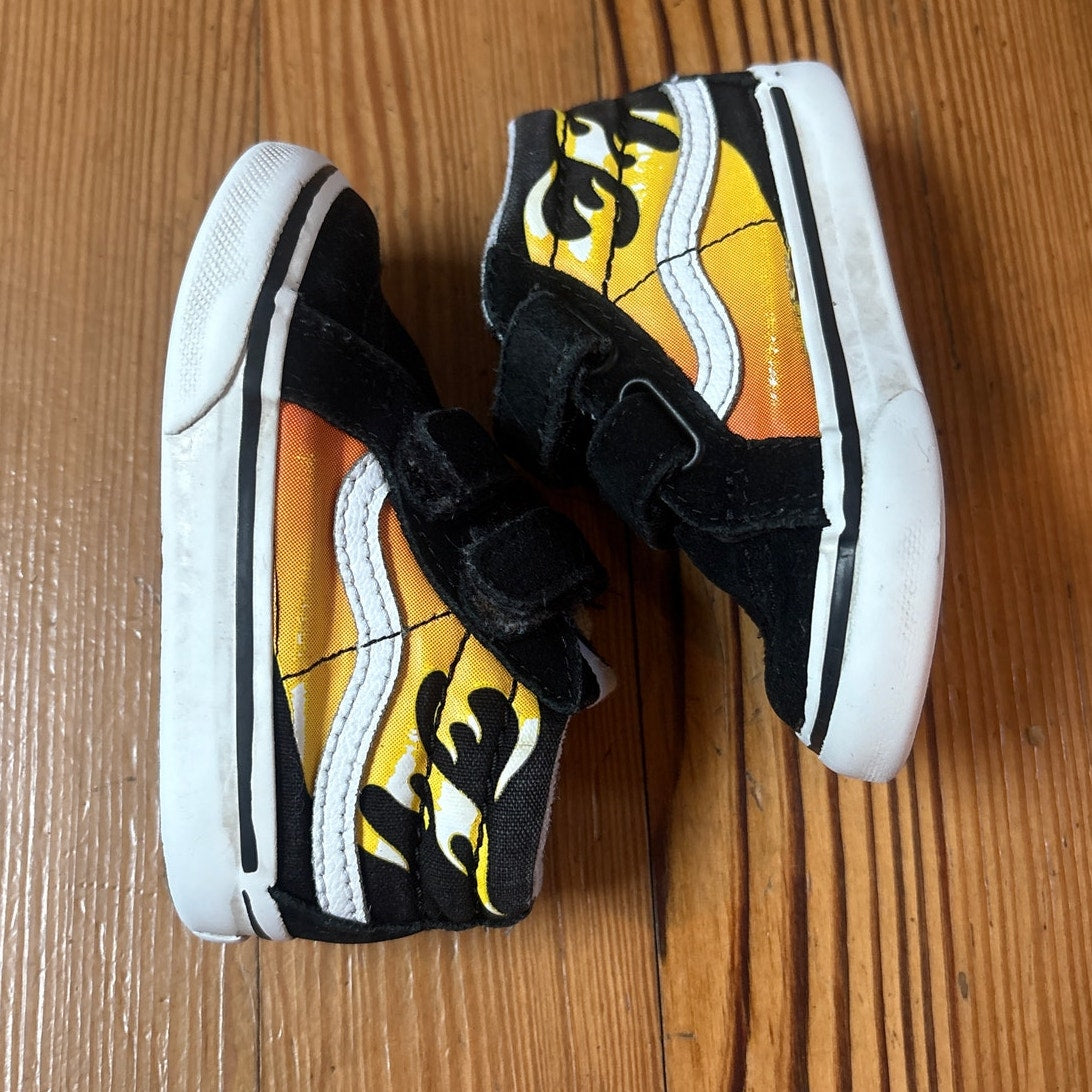 VANS black suede red orange flame high top velkro sneakers SIZE 5