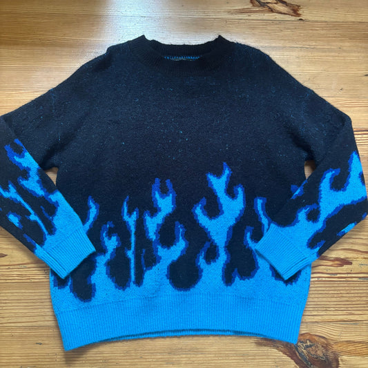 Shein black with blue flame crew goth pullover sweater SIZE M