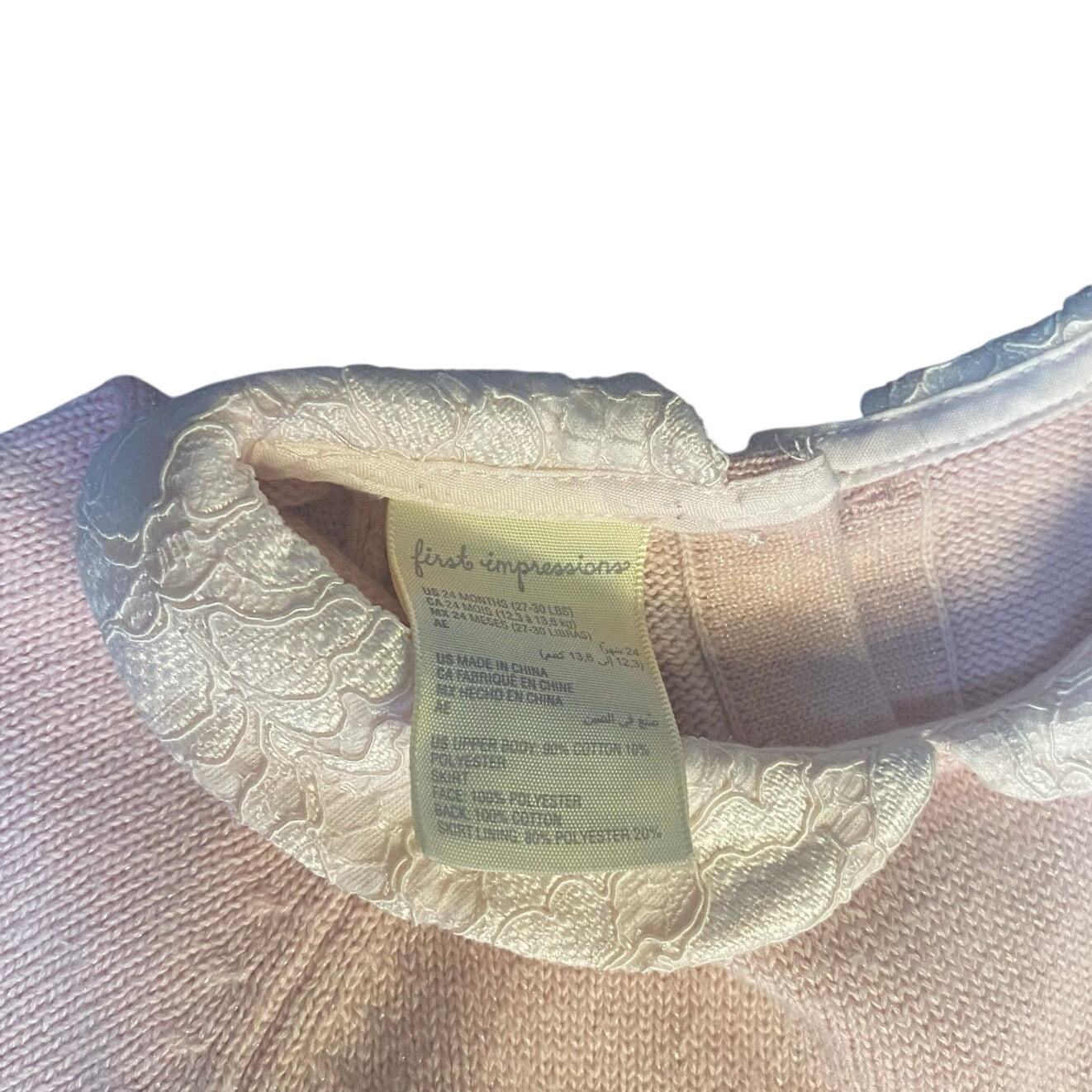 First Impressions blush pink lace bottom collar sweater dress SIZE 24M