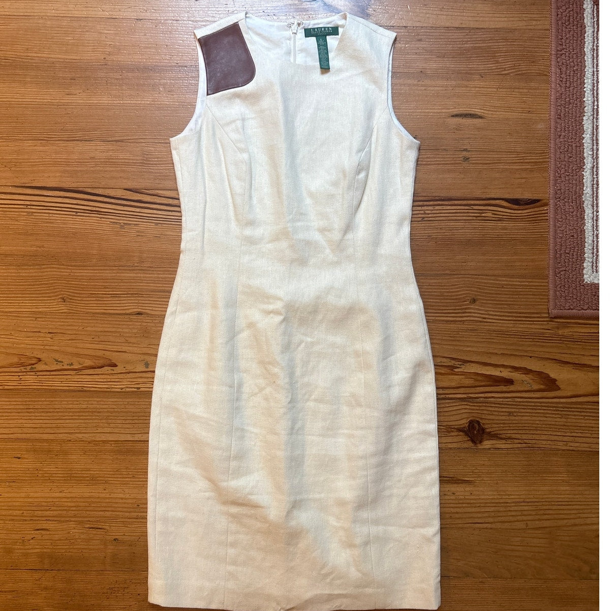 Ralph Lauren off white linen blend leather accent sleeveless midi dress SIZE 6