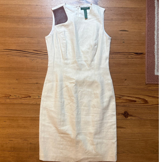 Ralph Lauren off white linen blend leather accent sleeveless midi dress SIZE 6