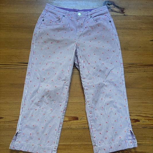 Liz Claiborne purple check gingham floral embroidered cropped pants SIZE 8