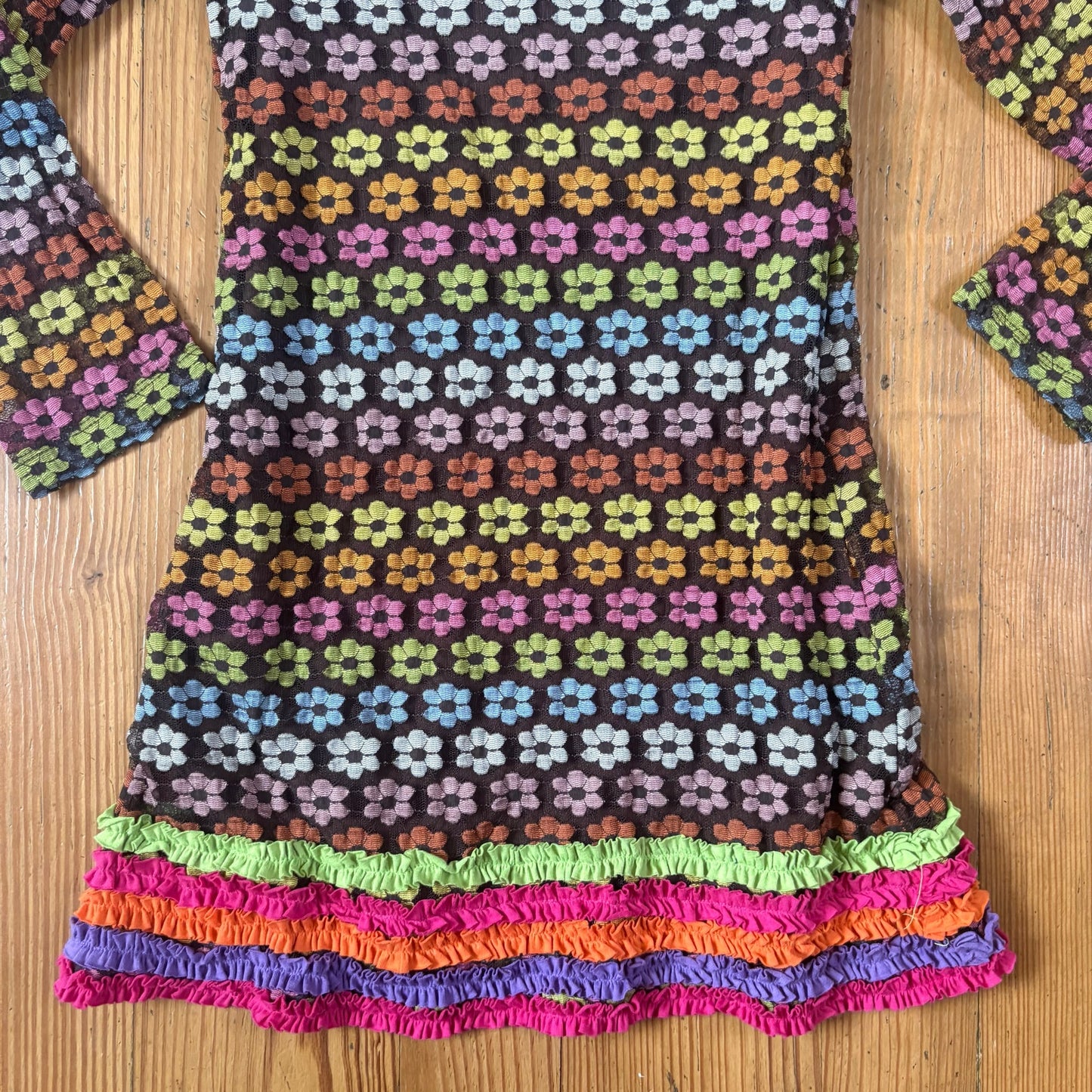 Rare Editions 70s brown floral sheer sleeve ruffle bottom girls dress SIZE 10