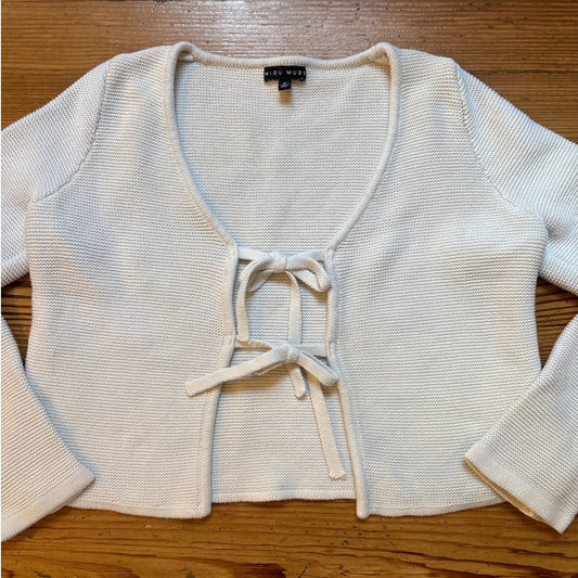 MIOU MUSE cream tie front chunky knit long sleeve bow sweater SIZE M