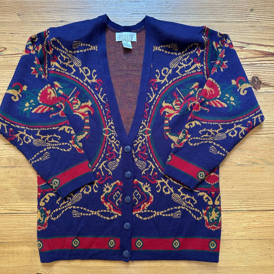 Petite Sophisticate vintage wool blend navy red regal button cardigan SIZE M
