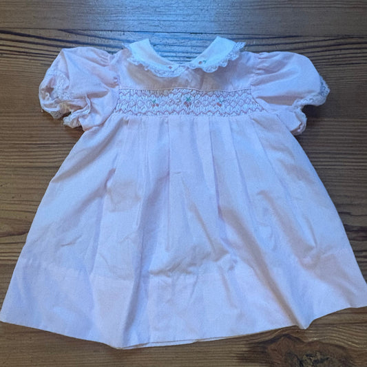 Vintage pink floral embroidered smocked lace short sleeve baby dress SIZE 6-9M