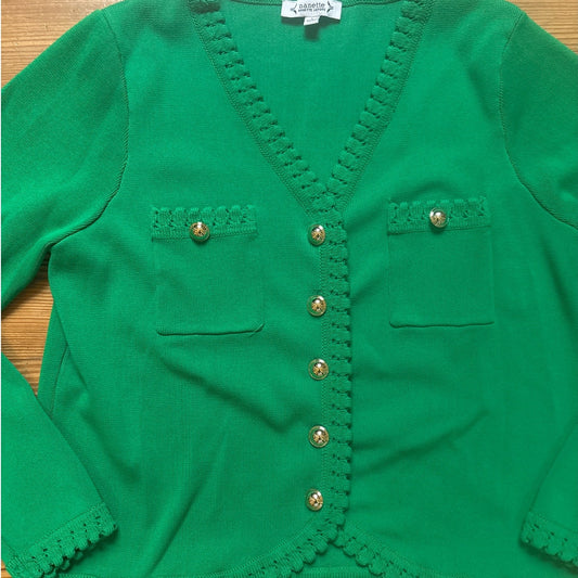 NANETTE Nanette Lepore bright green gold button cardigan sweater SIZE L