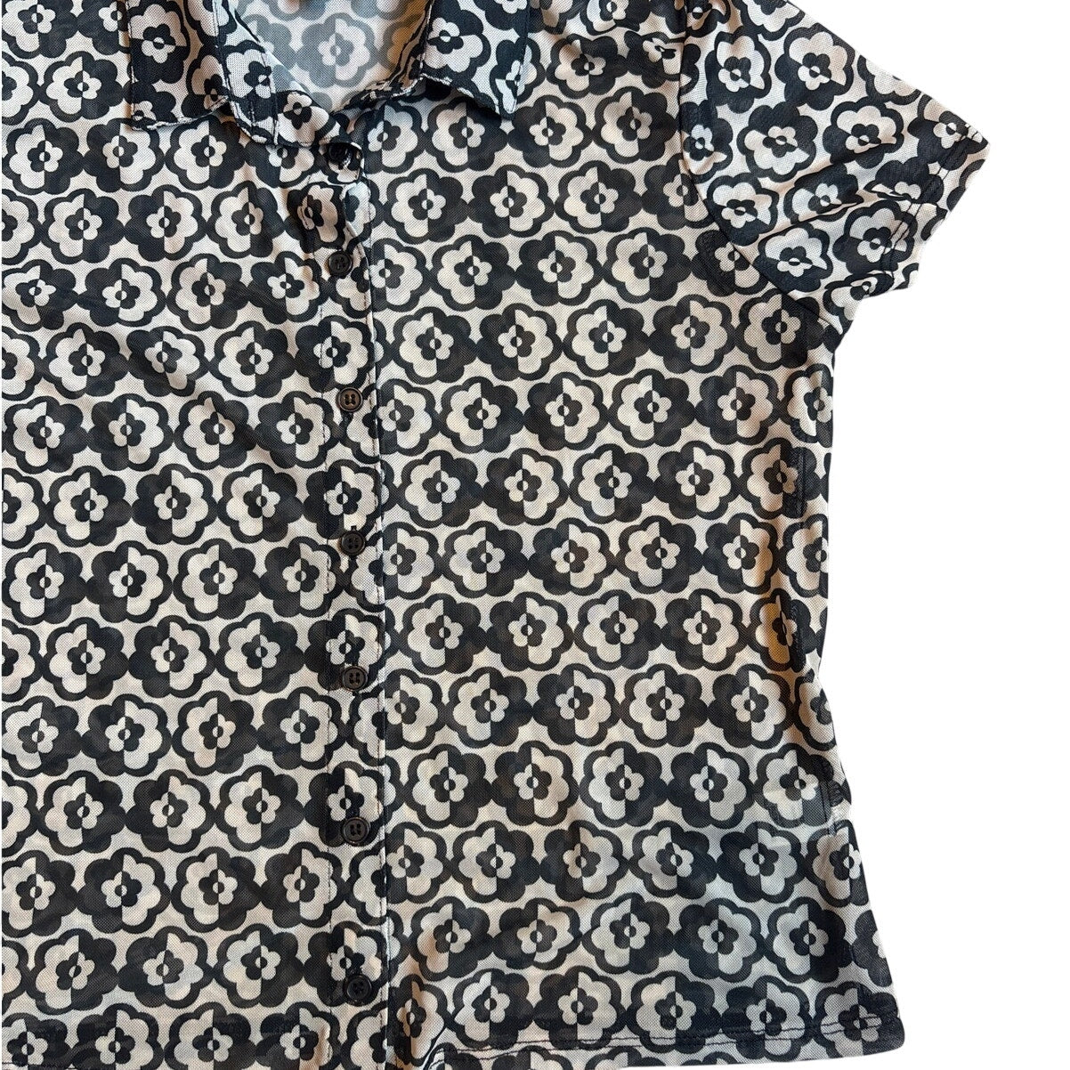 Belle Du Jour black white floral cheer short sleeve button up blouse SIZE XL