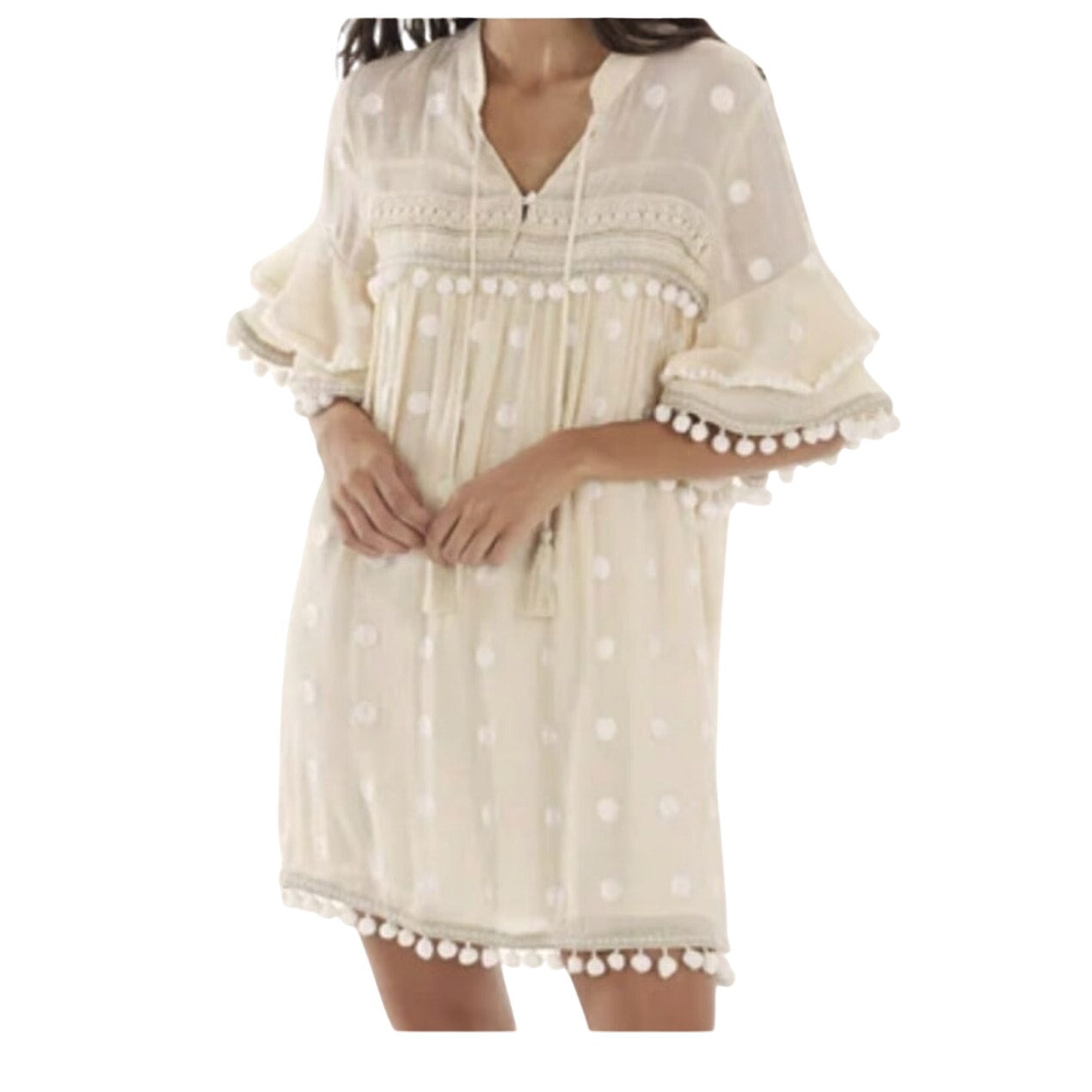 Allison off white pom pom embroidered polka dot ruffle shirt dress SIZE M
