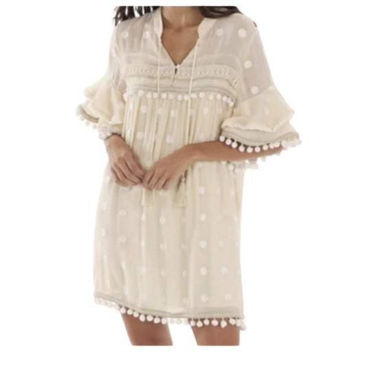 Allison off white pom pom embroidered polka dot ruffle shirt dress SIZE M