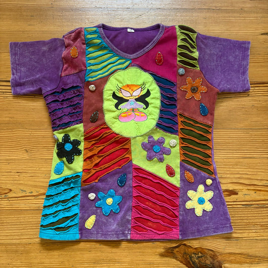 Purple multicolor alien fairy graphic cotton shirt sleeve shirt SIZE S
