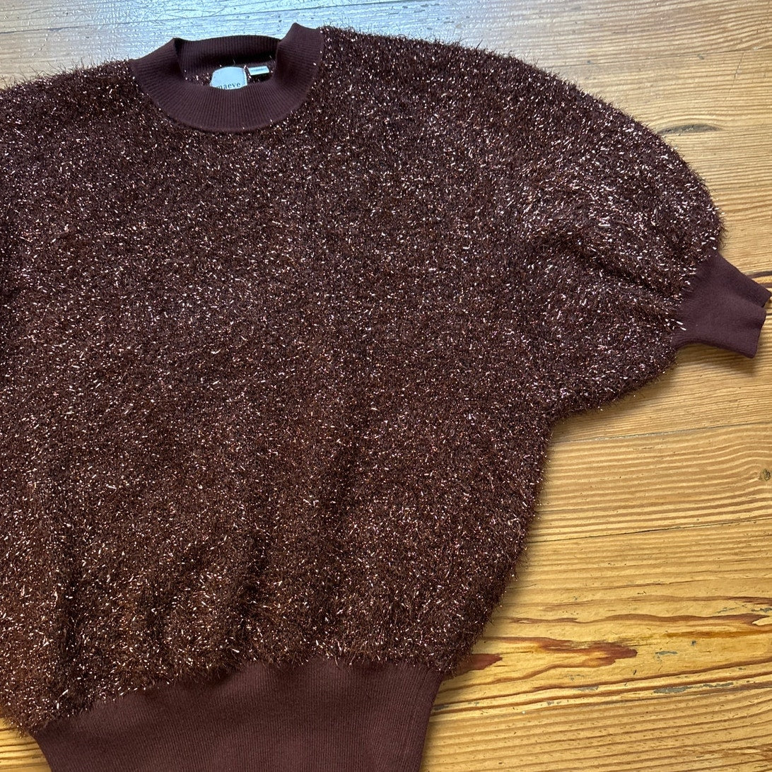 Anthropologie Maeve Violetta brown short sleeve tinsel open back sweater SIZE M