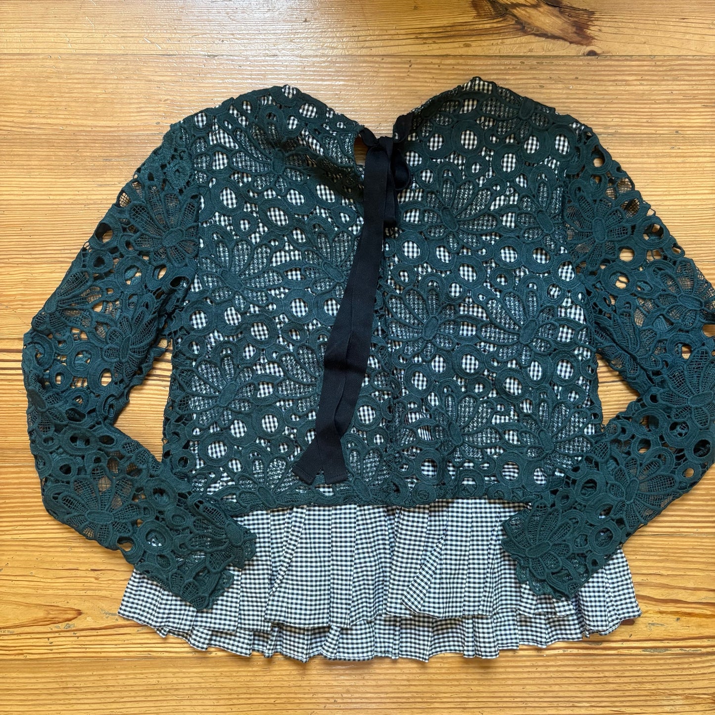Anthropologie Mauve Gabriella black white gingham lace peplum blouse SIZE S