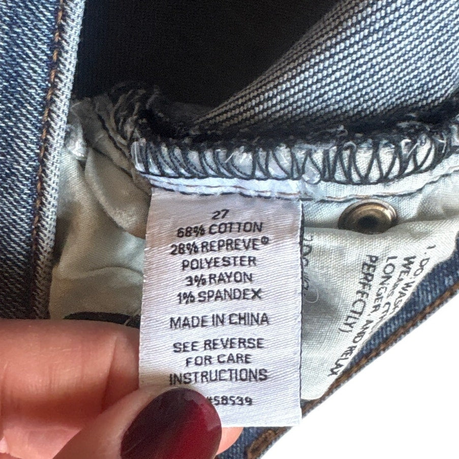 Evereve medium wash high rise straight leg raw hem button fly jeans SIZE 27