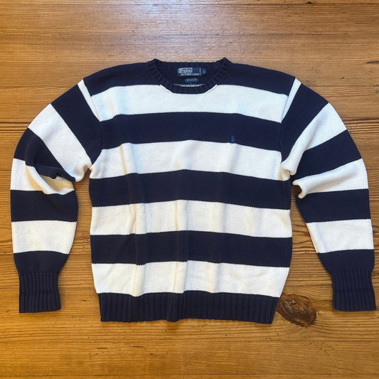 Polo Ralph Lauren blue white striped chunky knit crew sweater SIZE L