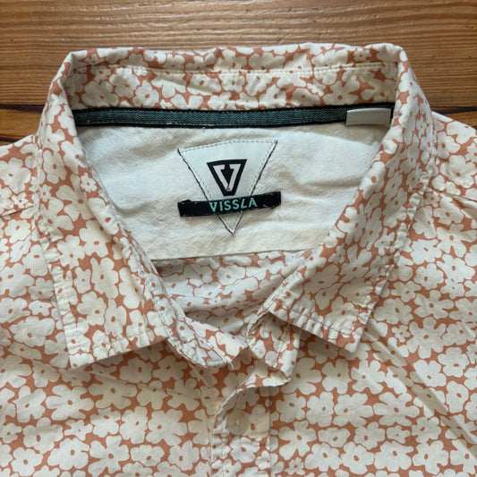 Vissla tan floral short sleeve cotton button up shirt SIZE M