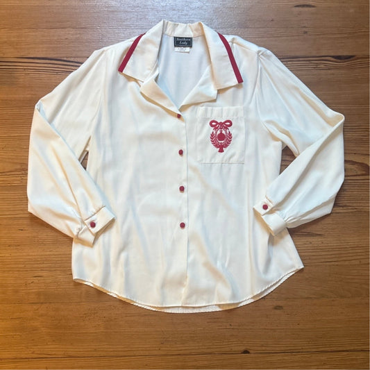 Southern Lady white long sleeve red trim and crest womens blouse SIZE 16