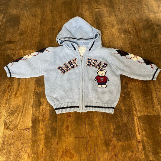 VTG light blue baby bear varsity argyle full zip hooded sweater SIZE 12M