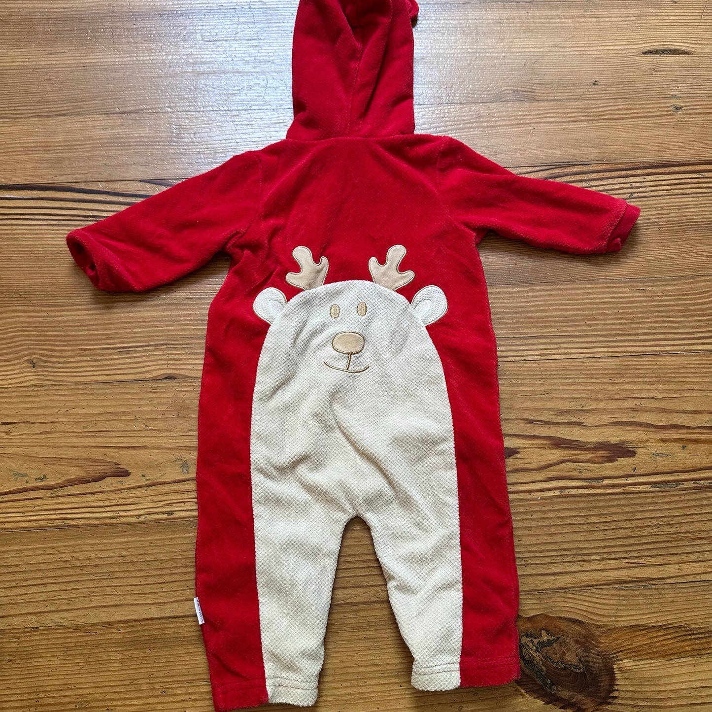 Little Me red fleece hooded Christmas reindeer snap one piece SIZE 9M