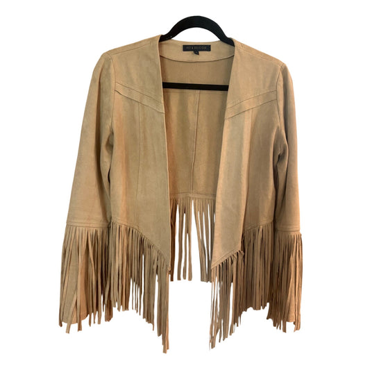 Hot & Delicious faux suede beige fringe cropped open womens jacket SIZE S