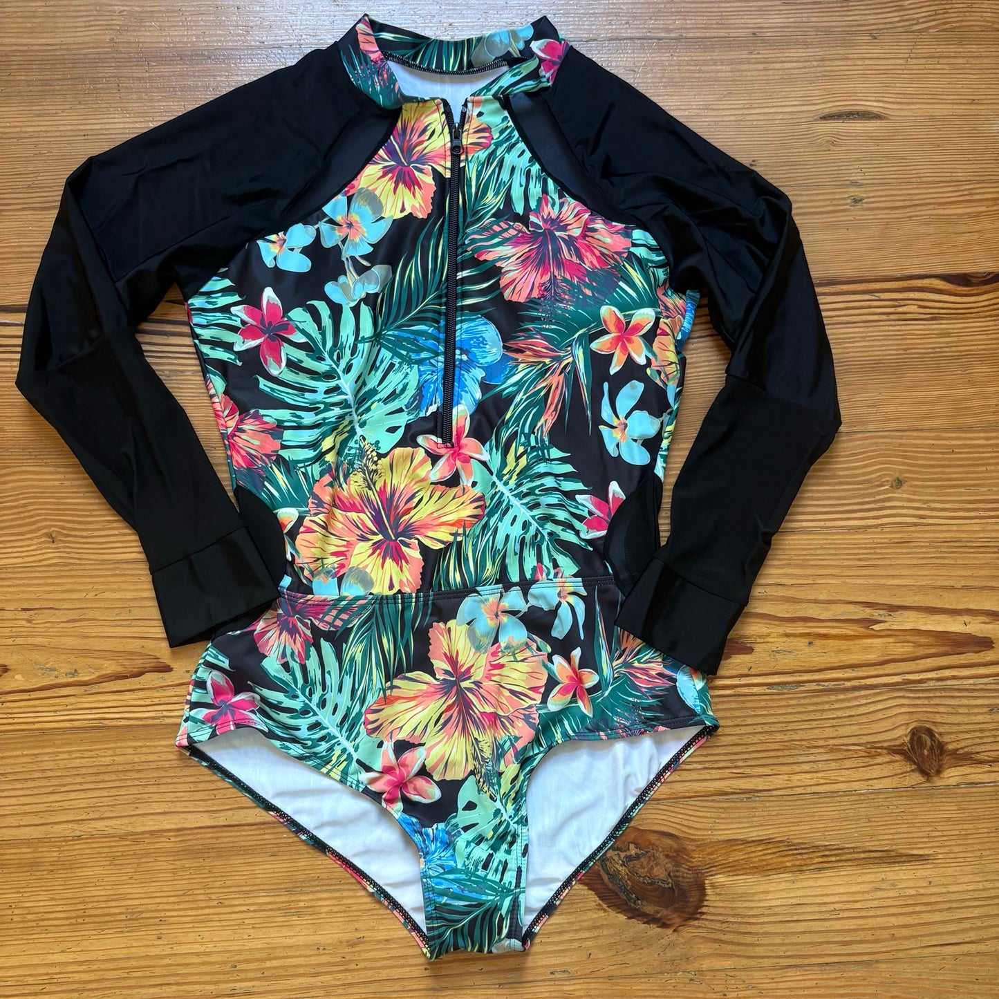 Shein black tropical floral long sleeve rashguard one piece swimsuit SIZE XL