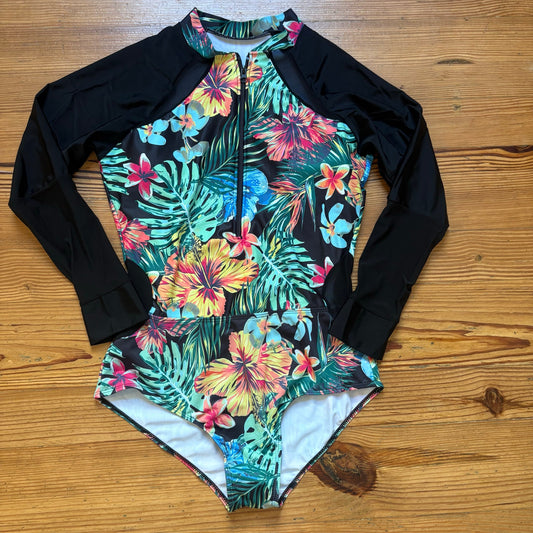 Shein black tropical floral long sleeve rashguard one piece swimsuit SIZE XL