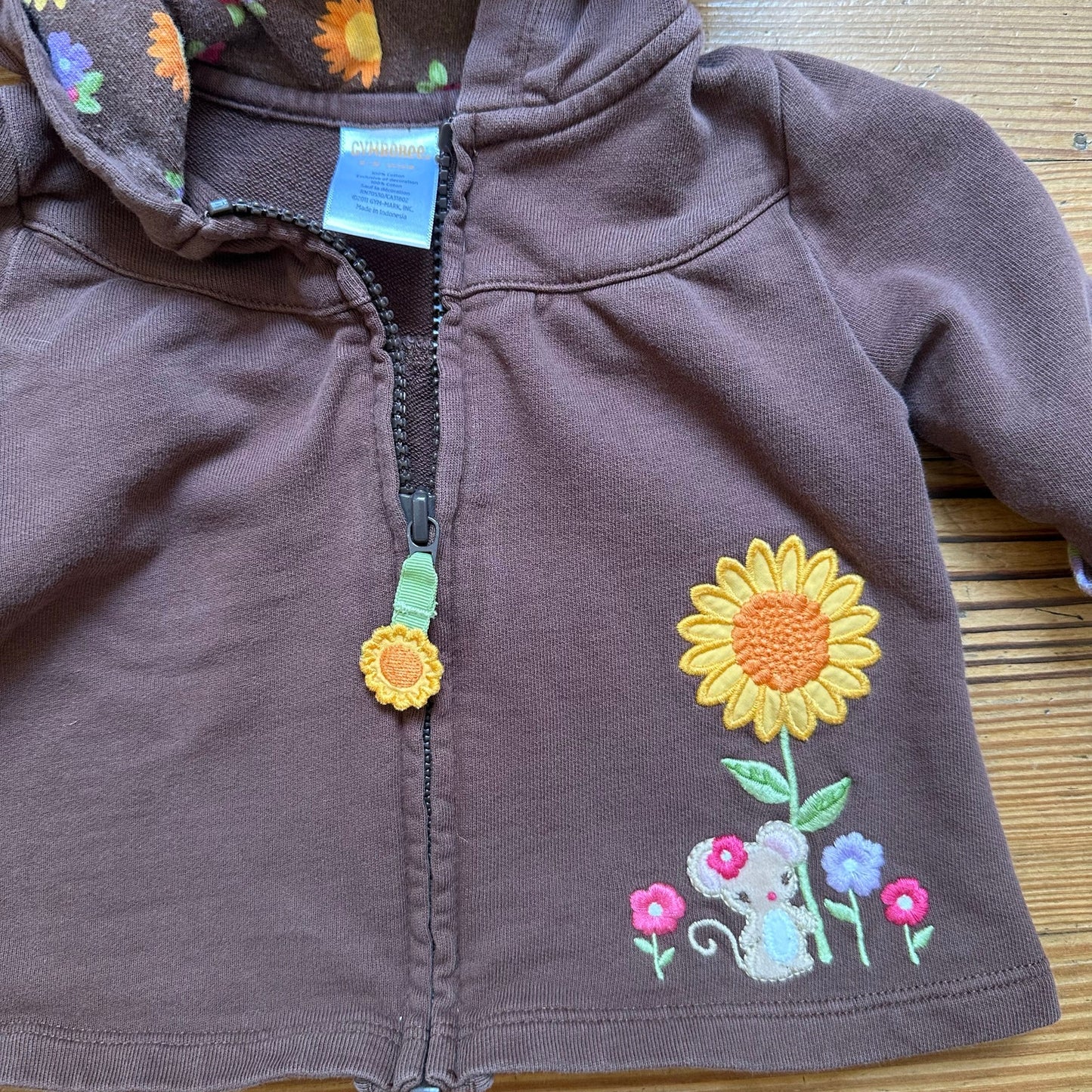 Gymboree brown sunflower embroidered full zip hooded sweatshirt SIZE 3M
