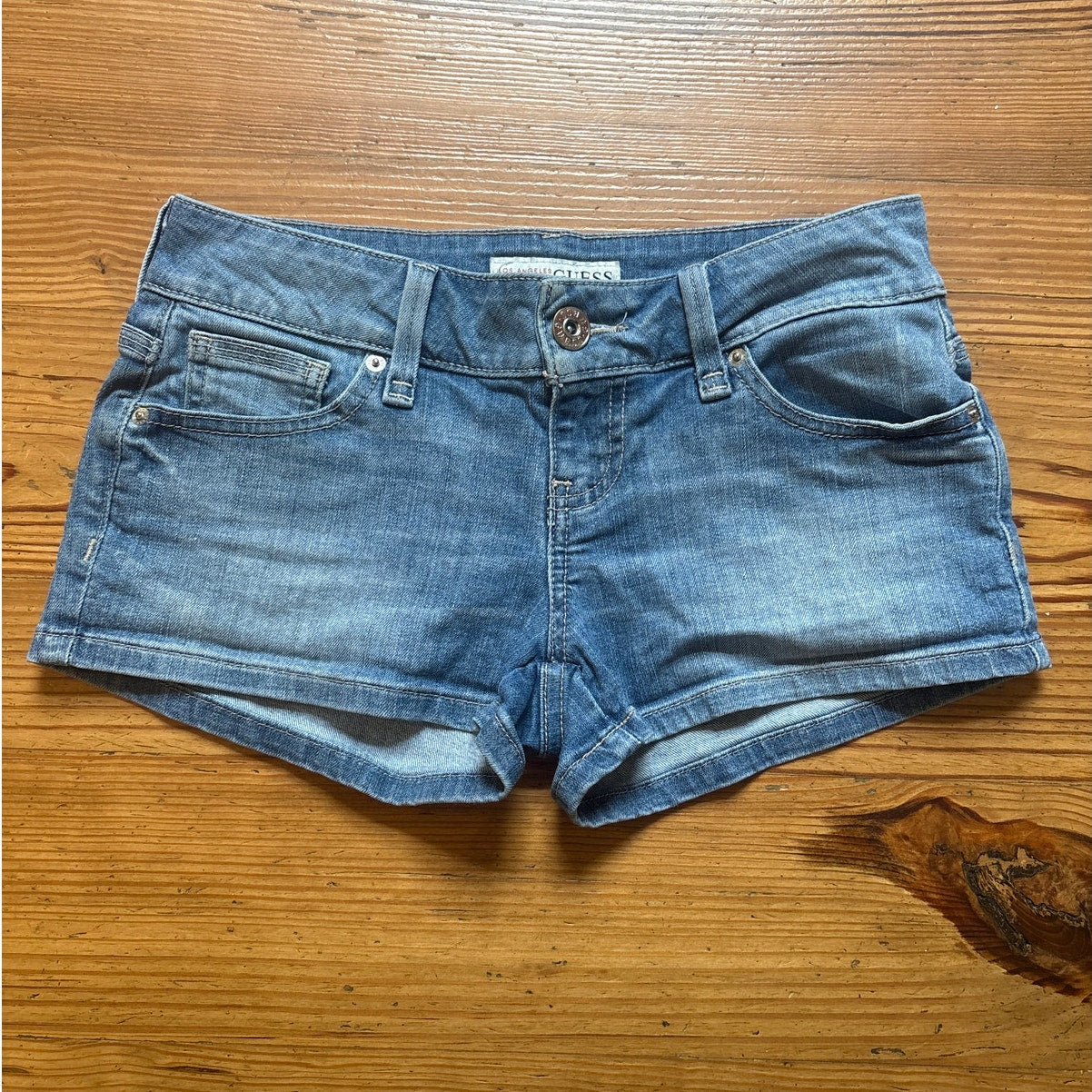 Guess light wash y2k jeweled pocket logo low rise jean shorts SIZE 25