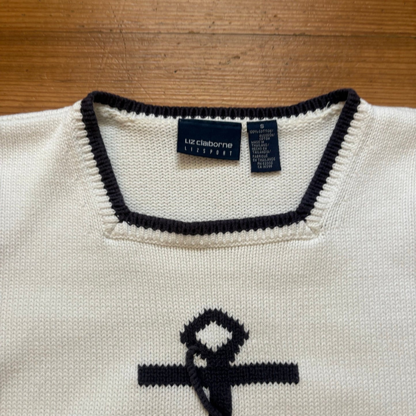 Liz Claiborne cotton white navy anchor knit short sleeve sweater shirt SIZE S
