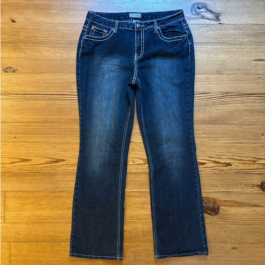 Earl Jean dark wash embroidered jeweled pocket boot cut mid rise jeans SIZE 12