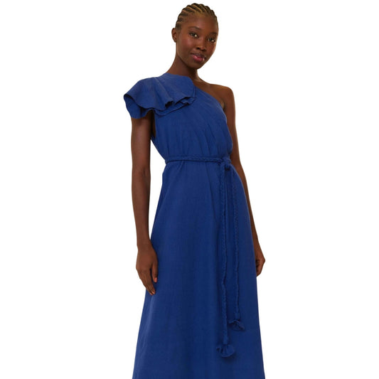 FARM Rio royal blue one shoulder linen blend midi dress SIZE M