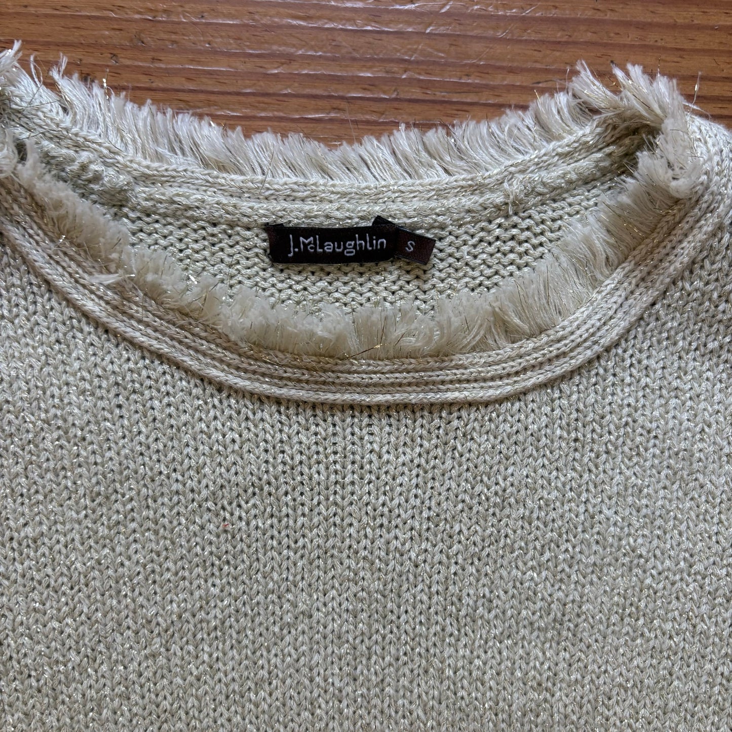J. McLaughlin gold threaded tan tassel hem crew knit sweater SIZE S