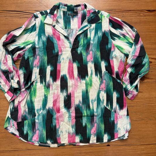 For Cynthia black pink colorful linen blend plunge neckline blouse shirt SIZE 1X