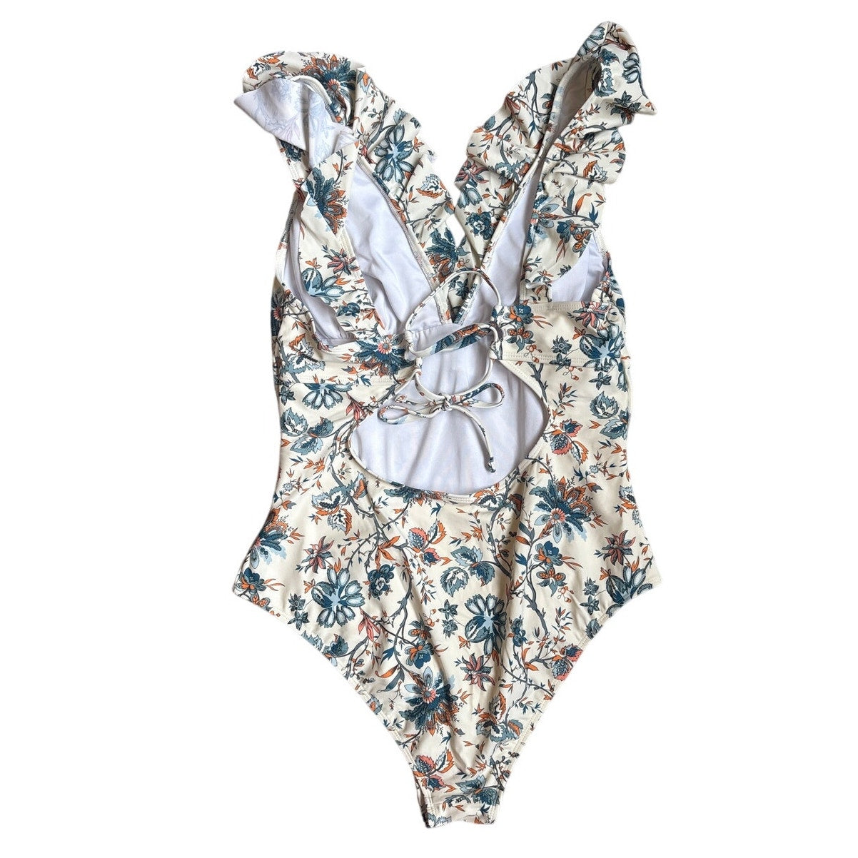 Cupshe beige blue floral plunge open back cheeky one piece swimsuit SIZE M