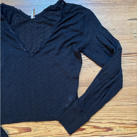 Free People black lace oversized cropped long sleeve shirt SIZE S