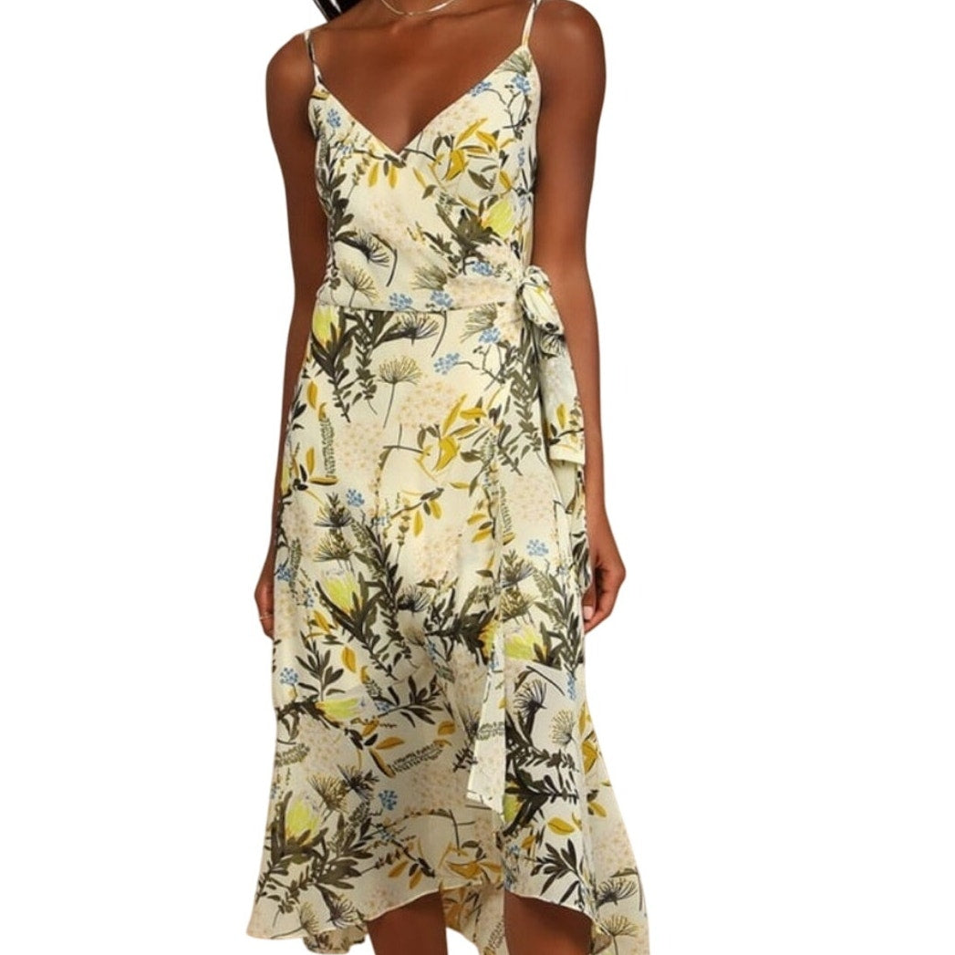 Lulus butter yellow green floral print wrap midi dress SIZE XL