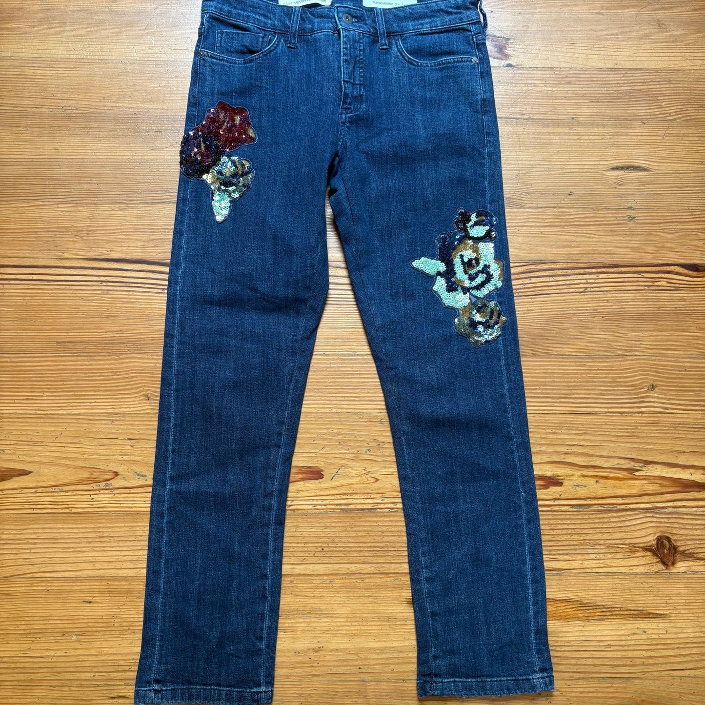 NWT Pilcro Anthropologie dark wash slim boyfriend sequin floral jeans SIZE 27