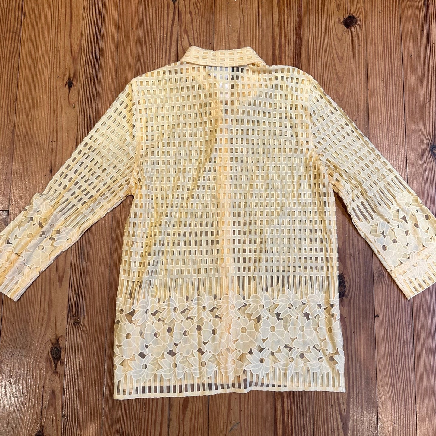 Alfred Dunner pastel yellow floral checked sheer button up shirt SIZE 10