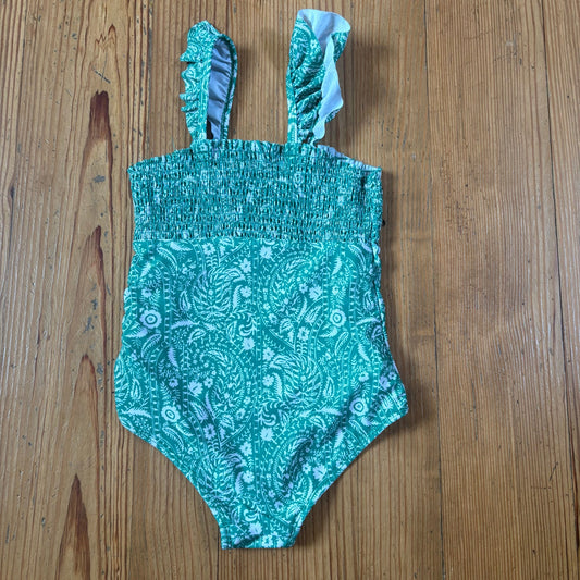 Crown & Ivy green white smocked ruffle strap swimsuit SIZE 6