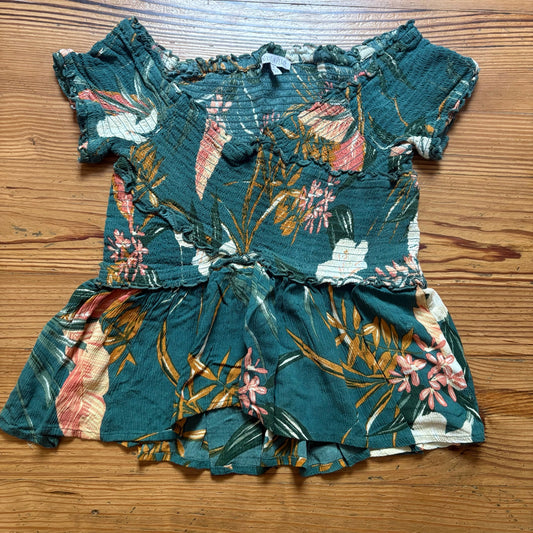 Patrons of Peace green floral print ruched smocked short sleeve shirt SIZE M