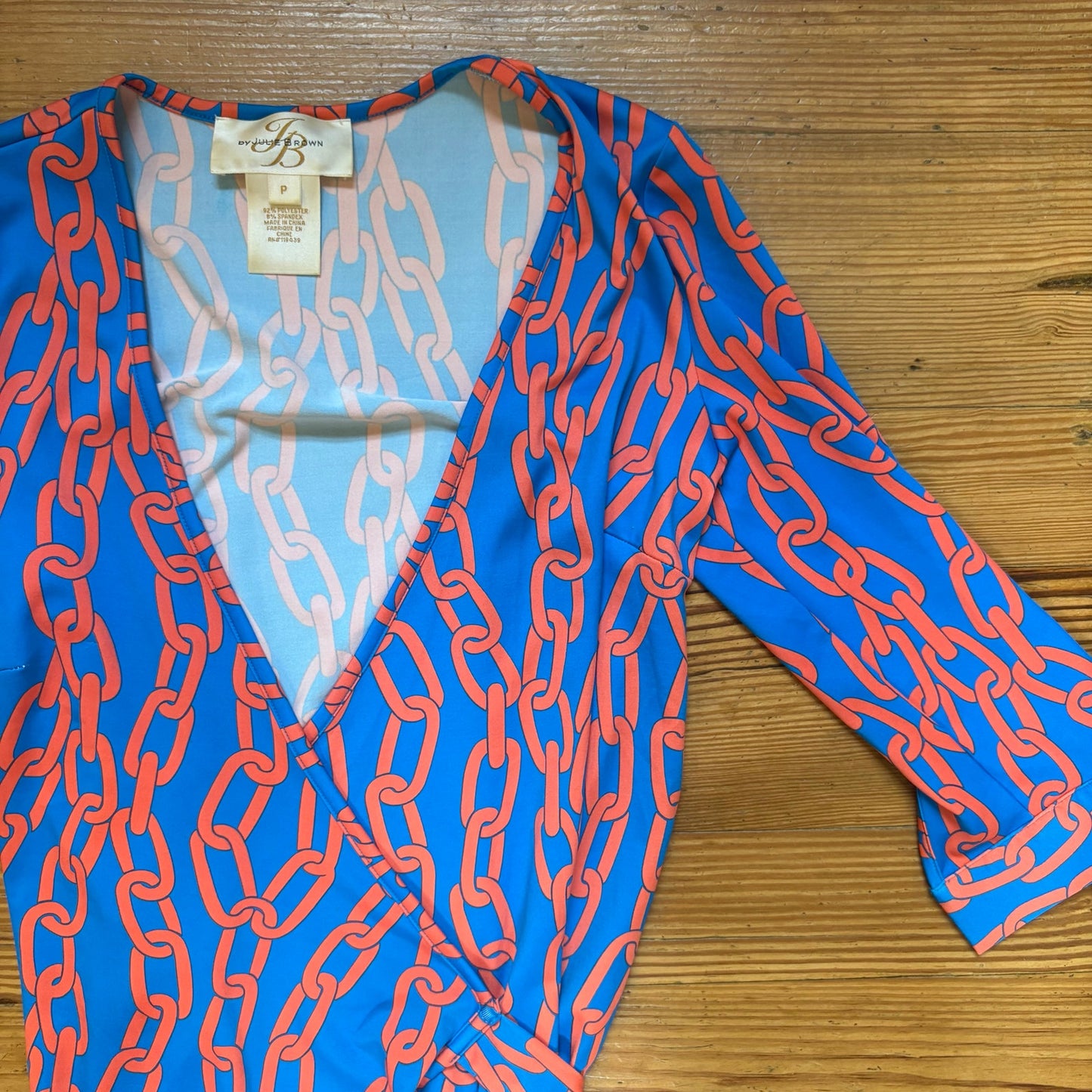 JB by Julie Brown blue orange chain link long sleeve midi wrap dress SIZE S